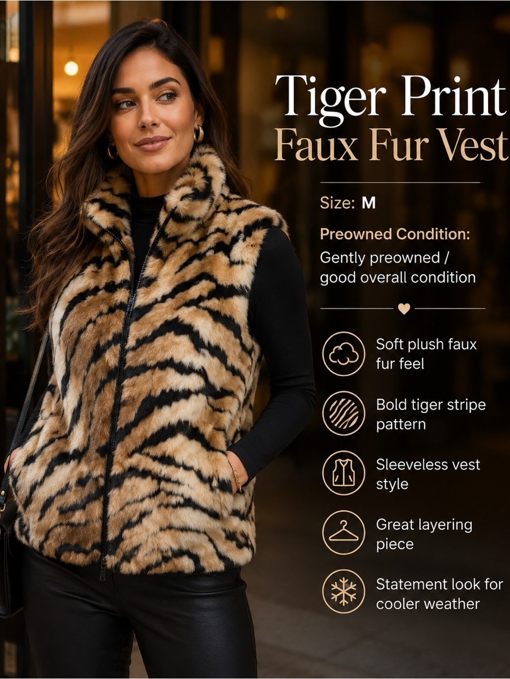 Tiger-Print Faux Fur Sleeveless Vest - Tan & Black